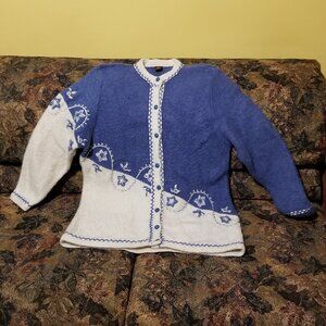 Striking blue & white wool, art jacket/cardigan, embroidery, beads, flowers, M